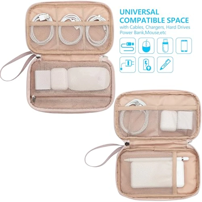 NISHEL Travel Cord Organizer Case, Double Layers Tech Electronic Bag, Essentials for Charger, Cable, Phone, Flash drive, Medium, Pink by NISHEL - Image 2