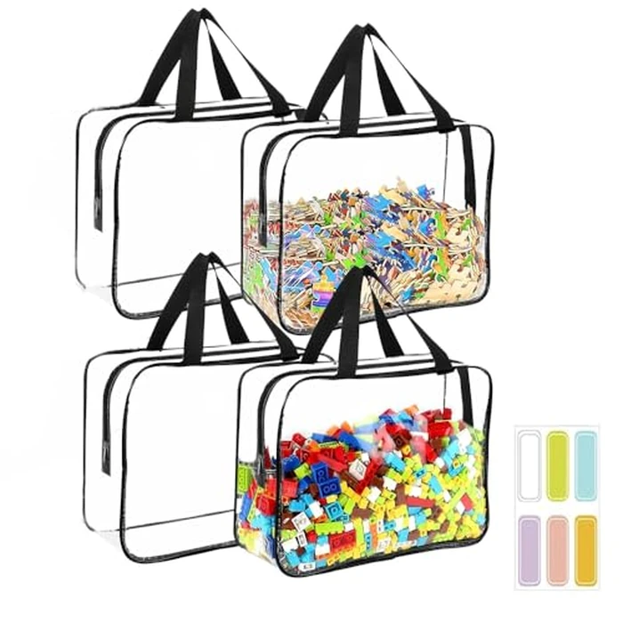 4 Pack Storage Bags for Toys, Clear PVC Organizer with Zipper, Large Black Waterproof Reusable Bags with Labels for Puzzles, Building Blocks, Games, Stationery, Kids Books by UOMIDOT - Used - Very Good condition - CA$17.99