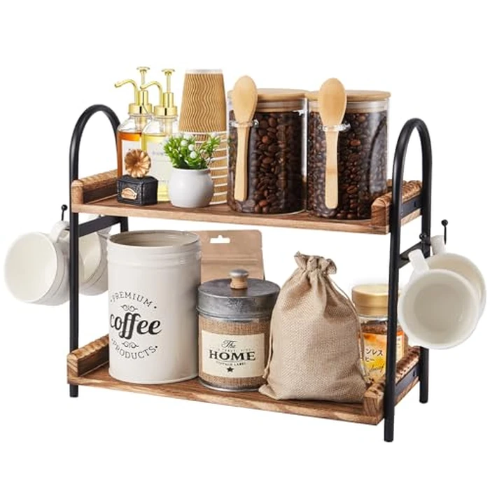 Coffee Bar Accessories, 2-Tier Coffee Bar Organizer with 4 Coffee Cup Holder Hooks, MUL-tifunctional Wooden Beaded Coffee Station Countertop Stand Shelf for Kitchen Home Office by BDBDYEAY - Image 1
