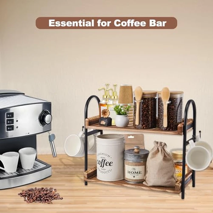 Coffee Bar Accessories, 2-Tier Coffee Bar Organizer with 4 Coffee Cup Holder Hooks, MUL-tifunctional Wooden Beaded Coffee Station Countertop Stand Shelf for Kitchen Home Office by BDBDYEAY - Image 2