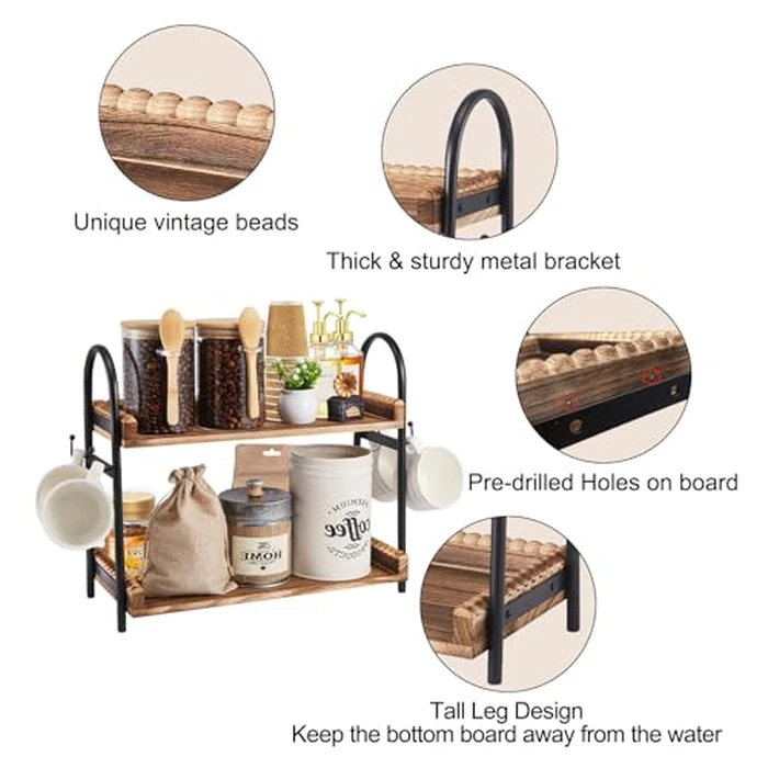 Coffee Bar Accessories, 2-Tier Coffee Bar Organizer with 4 Coffee Cup Holder Hooks, MUL-tifunctional Wooden Beaded Coffee Station Countertop Stand Shelf for Kitchen Home Office by BDBDYEAY - Image 3