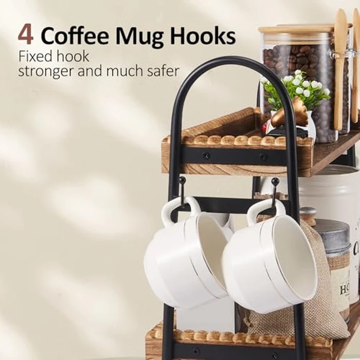 Coffee Bar Accessories, 2-Tier Coffee Bar Organizer with 4 Coffee Cup Holder Hooks, MUL-tifunctional Wooden Beaded Coffee Station Countertop Stand Shelf for Kitchen Home Office by BDBDYEAY - Image 4