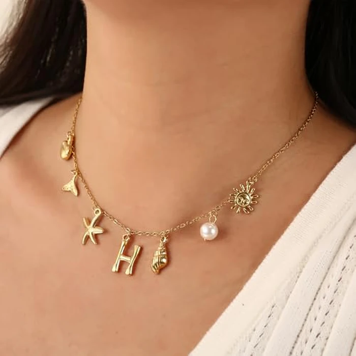 VANGETIMI P Gold Initial Charm Necklace for Women Summer Beach Shell Starfish Letter Necklace A-Z Name Personalized Pendant Necklace for Women Surfer Jewelry Trendy by VANGETIMI - Image 3