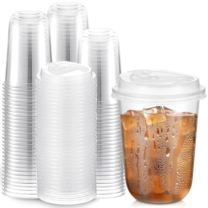 Baderke 100 Sets 16 oz Clear Plastic Cups with Lids,Sturdy Iced Coffee Cups with lids, Disposable Plastic Smoothie Cup for Cold Drinks by Baderke - Used - Like New condition - US$25.89