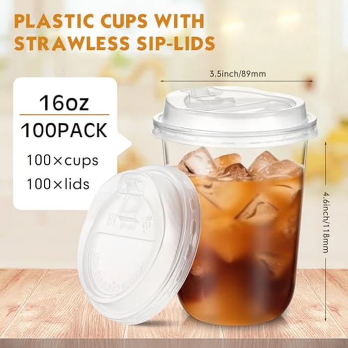 Baderke 100 Sets 16 oz Clear Plastic Cups with Lids,Sturdy Iced Coffee Cups with lids, Disposable Plastic Smoothie Cup for Cold Drinks by Baderke - Image 3