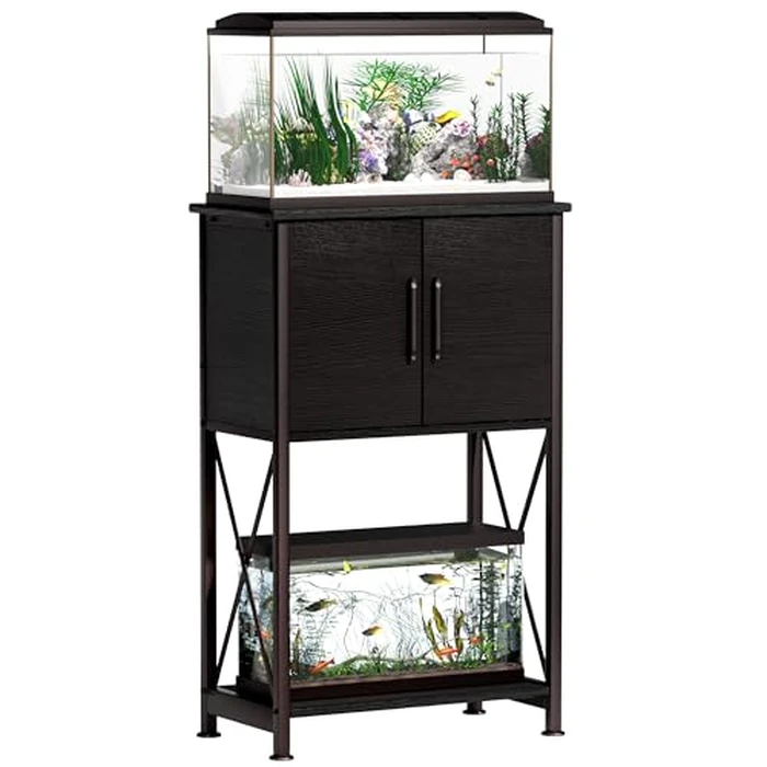 Herture 5-10 Gallon Fish Tank Stand, Metal Double Aquarium Stand with Cabinet for Fish Tank Accessories Storage, Heavy Duty 20.5" L* 11.02" W Tabletop, 500LBS Capacity Black PG06YGB by Herture - Used - Very Good condition - CA$80.75