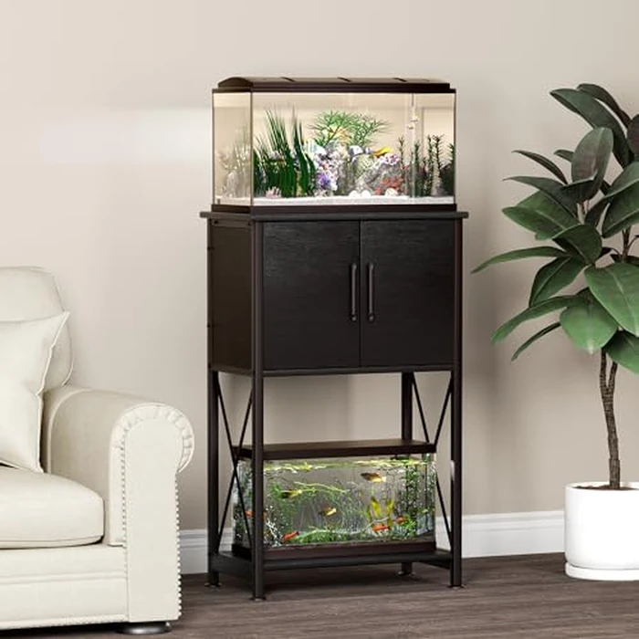 Herture 5-10 Gallon Fish Tank Stand, Metal Double Aquarium Stand with Cabinet for Fish Tank Accessories Storage, Heavy Duty 20.5" L* 11.02" W Tabletop, 500LBS Capacity Black PG06YGB by Herture - Image 2