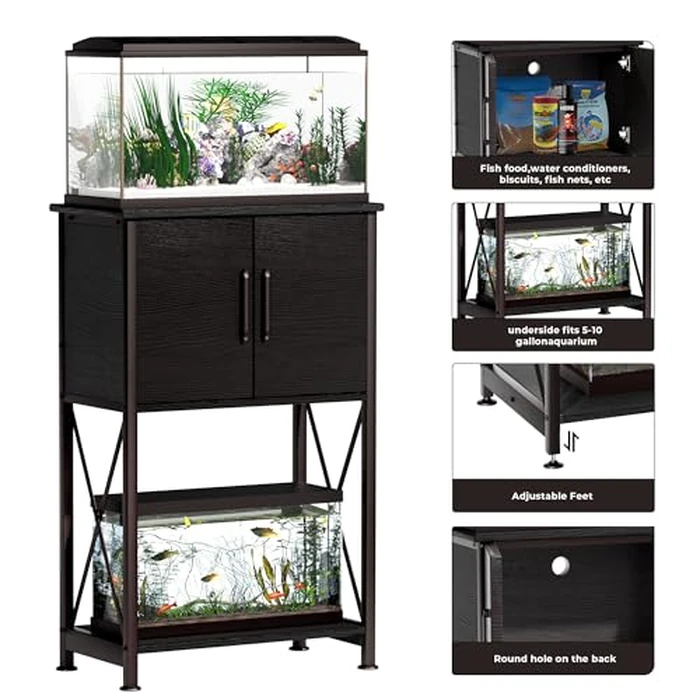 Herture 5-10 Gallon Fish Tank Stand, Metal Double Aquarium Stand with Cabinet for Fish Tank Accessories Storage, Heavy Duty 20.5" L* 11.02" W Tabletop, 500LBS Capacity Black PG06YGB by Herture - Image 3