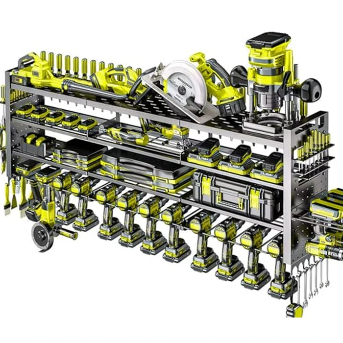 49.8" W Large Power Tool Organizer Wall Mount, Heavy Duty Tool Organizer with 14 cordless Drill Holder, 4 Layers Garage Organization and Storage Rack, Tool Rack for Garage Workshop, Black by Shomextol - Used - Like New condition - CA$75.99
