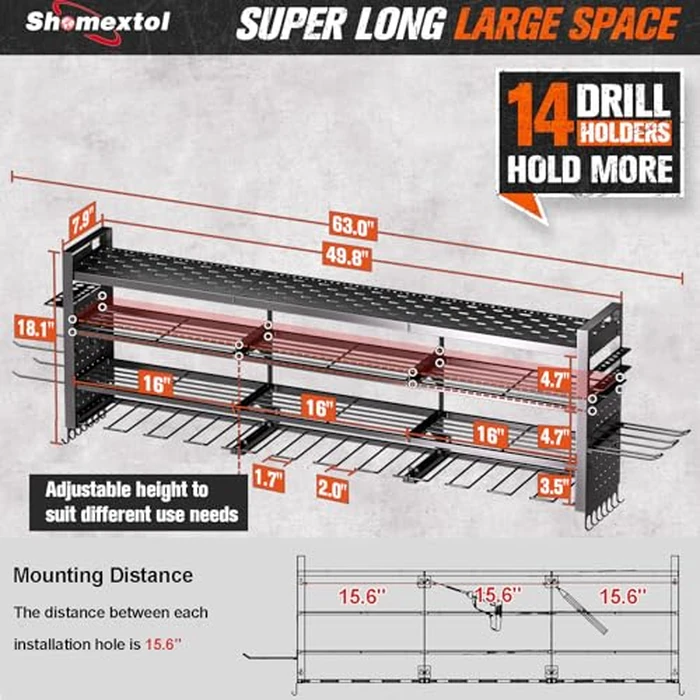 49.8" W Large Power Tool Organizer Wall Mount, Heavy Duty Tool Organizer with 14 cordless Drill Holder, 4 Layers Garage Organization and Storage Rack, Tool Rack for Garage Workshop, Black by Shomextol - Image 2