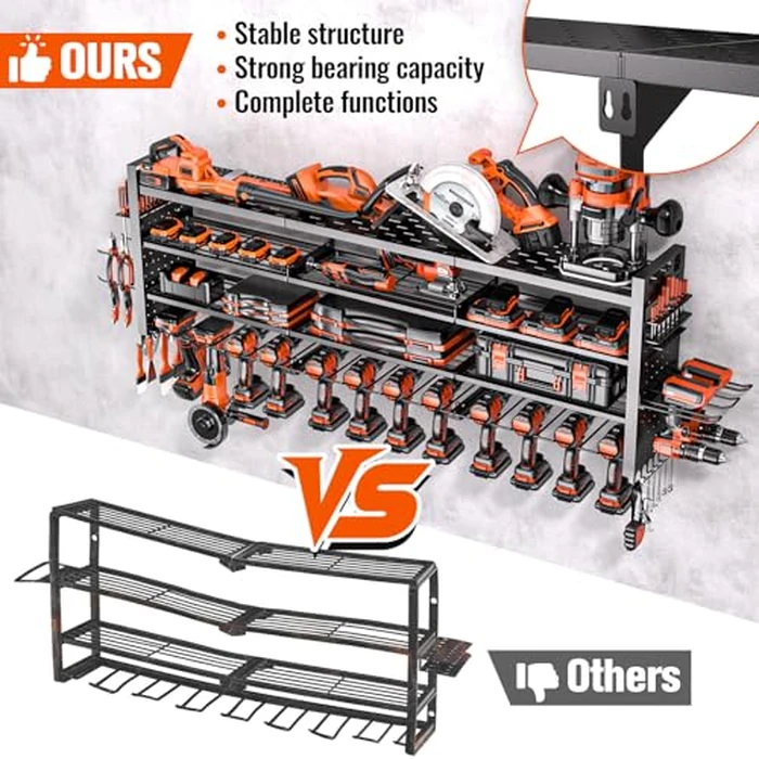 49.8" W Large Power Tool Organizer Wall Mount, Heavy Duty Tool Organizer with 14 cordless Drill Holder, 4 Layers Garage Organization and Storage Rack, Tool Rack for Garage Workshop, Black by Shomextol - Image 3