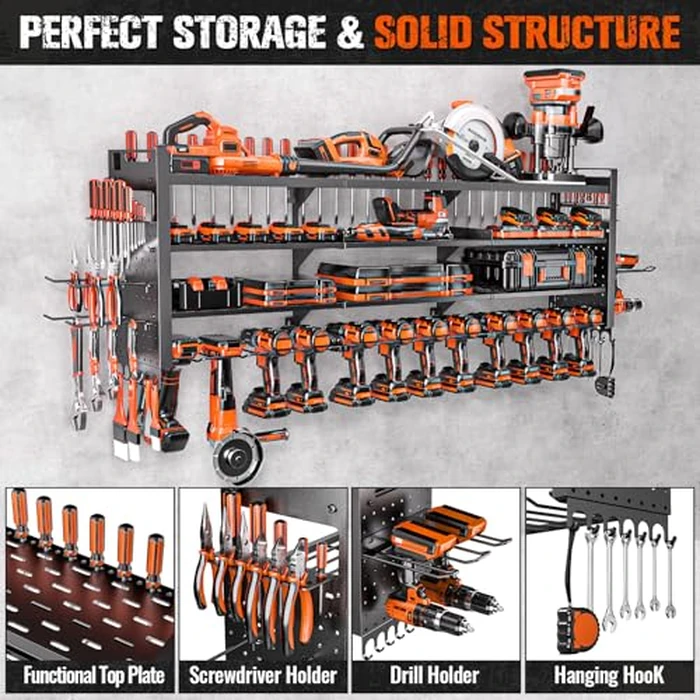 49.8" W Large Power Tool Organizer Wall Mount, Heavy Duty Tool Organizer with 14 cordless Drill Holder, 4 Layers Garage Organization and Storage Rack, Tool Rack for Garage Workshop, Black by Shomextol - Image 4
