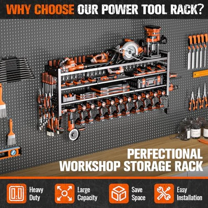 49.8" W Large Power Tool Organizer Wall Mount, Heavy Duty Tool Organizer with 14 cordless Drill Holder, 4 Layers Garage Organization and Storage Rack, Tool Rack for Garage Workshop, Black by Shomextol - Image 5