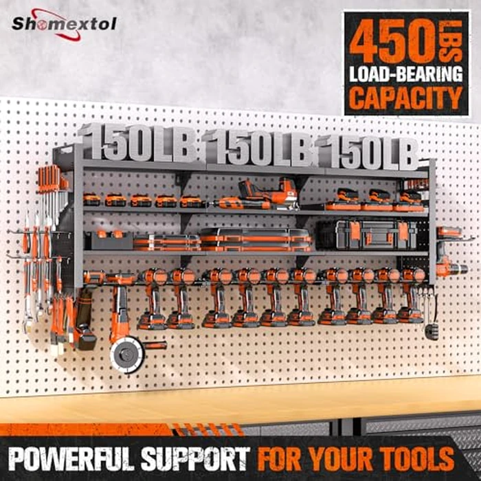 49.8" W Large Power Tool Organizer Wall Mount, Heavy Duty Tool Organizer with 14 cordless Drill Holder, 4 Layers Garage Organization and Storage Rack, Tool Rack for Garage Workshop, Black by Shomextol - Image 6