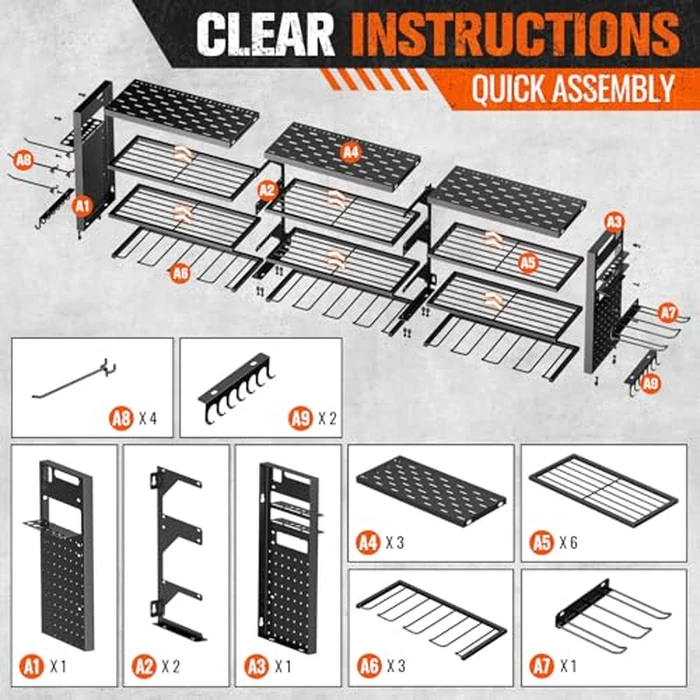 49.8" W Large Power Tool Organizer Wall Mount, Heavy Duty Tool Organizer with 14 cordless Drill Holder, 4 Layers Garage Organization and Storage Rack, Tool Rack for Garage Workshop, Black by Shomextol - Image 8