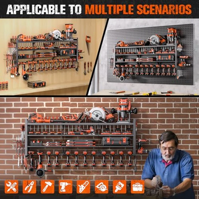 49.8" W Large Power Tool Organizer Wall Mount, Heavy Duty Tool Organizer with 14 cordless Drill Holder, 4 Layers Garage Organization and Storage Rack, Tool Rack for Garage Workshop, Black by Shomextol - Image 9