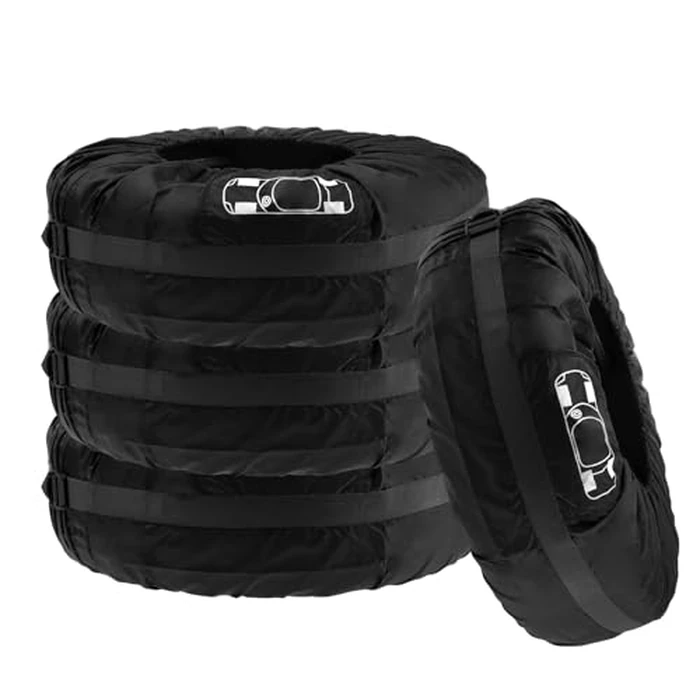 Anxingo 4 Pack Black Polyester Tire Covers, Wheel Protector Tires Storage Bags with Handle, Outdoor Waterproof Dustproof Wheel Covers Fit for 19"-23" Tires (Black) by Anxingo - Image 1