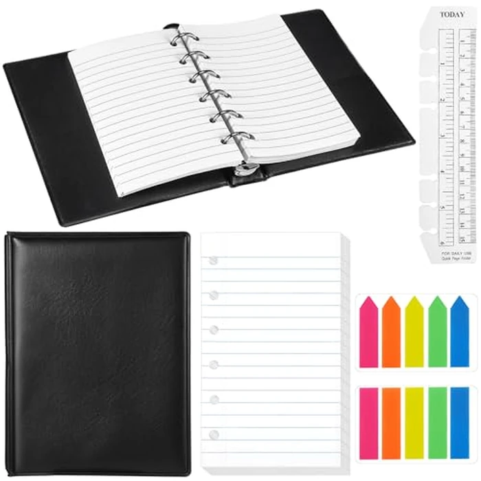 Feifeiya Mini 6 Ring Binder and 3 x 5 Inch Refill Paper Set,1 Black Refillable Binder,100 Lined Loose Leaf Paper, 1 Translucent Bookmark Ruler, 200 of Colorful Index Sticky Tabs for Office(White) by Feifeiya - Used - Like New condition