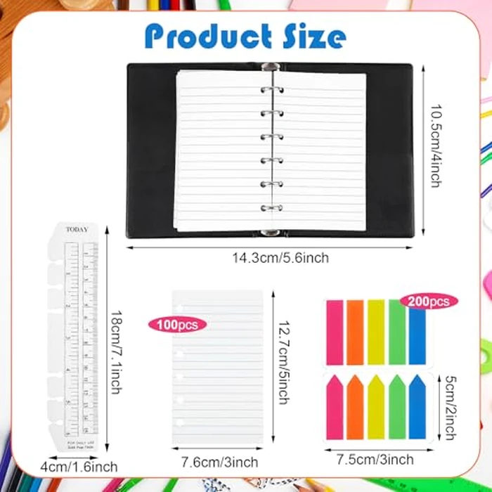 Feifeiya Mini 6 Ring Binder and 3 x 5 Inch Refill Paper Set,1 Black Refillable Binder,100 Lined Loose Leaf Paper, 1 Translucent Bookmark Ruler, 200 of Colorful Index Sticky Tabs for Office(White) by Feifeiya - Image 2