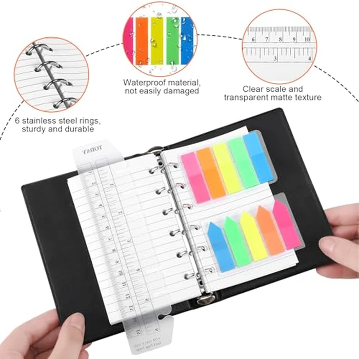 Feifeiya Mini 6 Ring Binder and 3 x 5 Inch Refill Paper Set,1 Black Refillable Binder,100 Lined Loose Leaf Paper, 1 Translucent Bookmark Ruler, 200 of Colorful Index Sticky Tabs for Office(White) by Feifeiya - Image 3