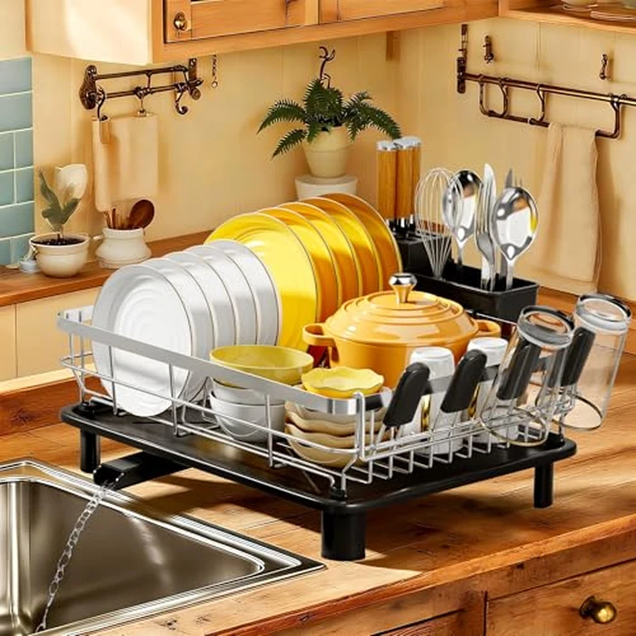 MOUKABAL Dish Drying Rack, Dish Rack, Stainless Steel Dish Racks for Kitchen Counter, Dish Drainer with Removable Utensil Holder, Drainboard (Black,Stainless Steel,13''W x 17''L) by MOUKABAL - Used - Like New condition - US$42.66