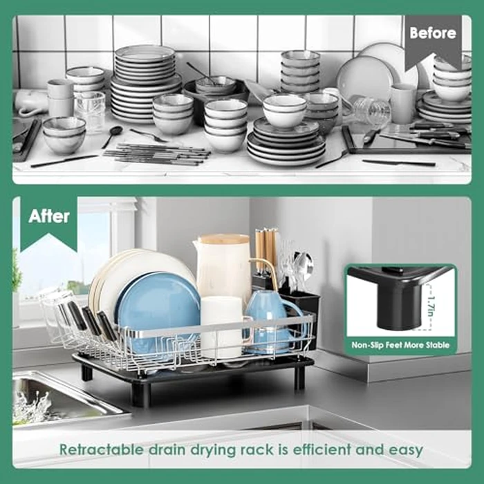 MOUKABAL Dish Drying Rack, Dish Rack, Stainless Steel Dish Racks for Kitchen Counter, Dish Drainer with Removable Utensil Holder, Drainboard (Black,Stainless Steel,13''W x 17''L) by MOUKABAL - Image 2