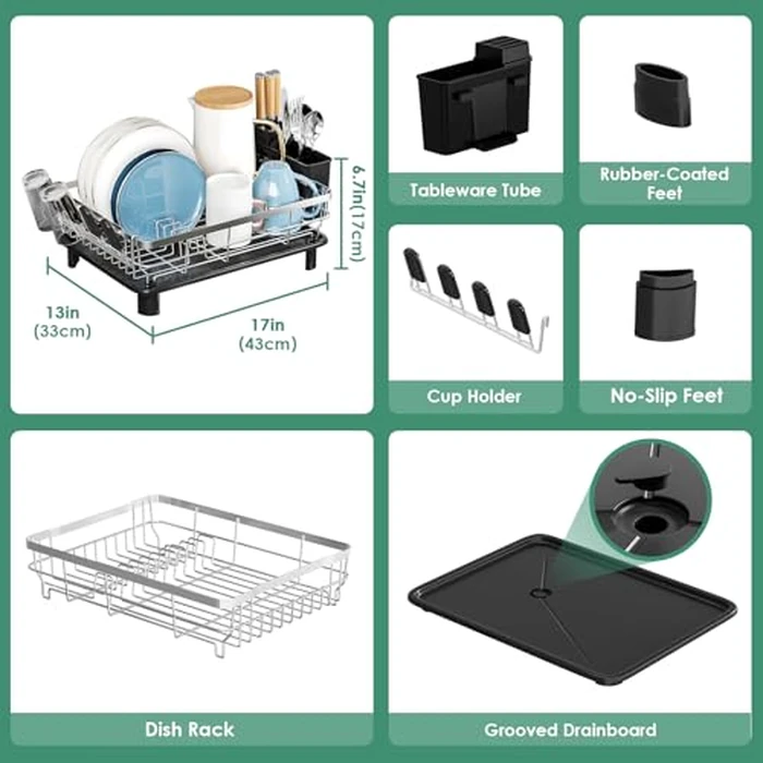 MOUKABAL Dish Drying Rack, Dish Rack, Stainless Steel Dish Racks for Kitchen Counter, Dish Drainer with Removable Utensil Holder, Drainboard (Black,Stainless Steel,13''W x 17''L) by MOUKABAL - Image 3