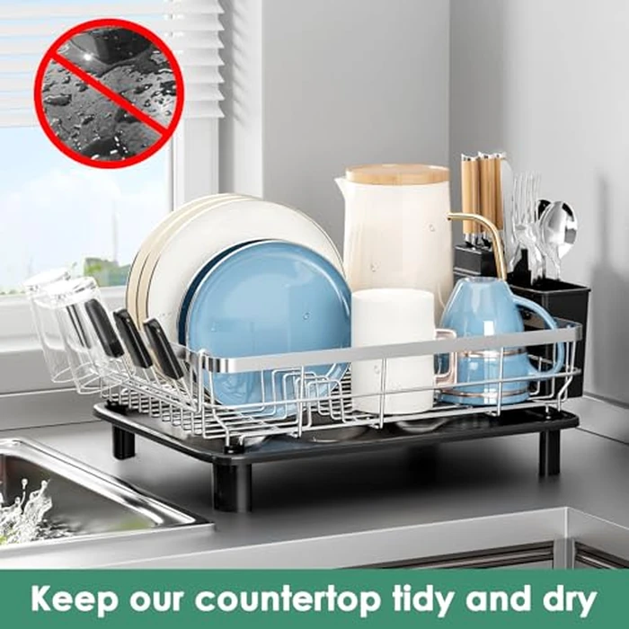 MOUKABAL Dish Drying Rack, Dish Rack, Stainless Steel Dish Racks for Kitchen Counter, Dish Drainer with Removable Utensil Holder, Drainboard (Black,Stainless Steel,13''W x 17''L) by MOUKABAL - Image 6