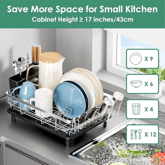 MOUKABAL Dish Drying Rack, Dish Rack, Stainless Steel Dish Racks for Kitchen Counter, Dish Drainer with Removable Utensil Holder, Drainboard (Black,Stainless Steel,13''W x 17''L) by MOUKABAL - Image 7