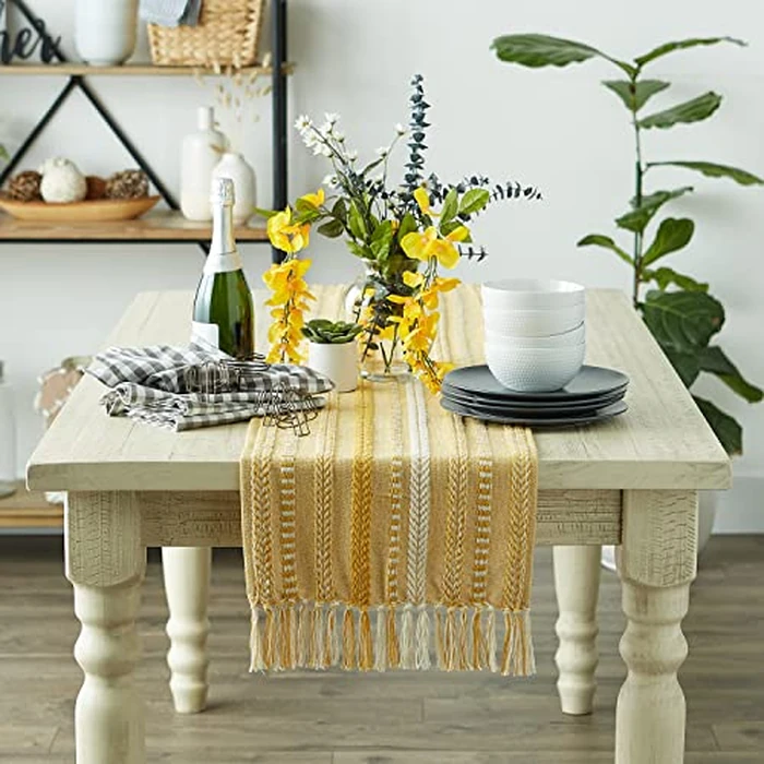 DII Farmhouse Braided Stripe Table Runner Collection, 15x108 (15x113, Fringe Included), Honey Gold by DII - Image 3