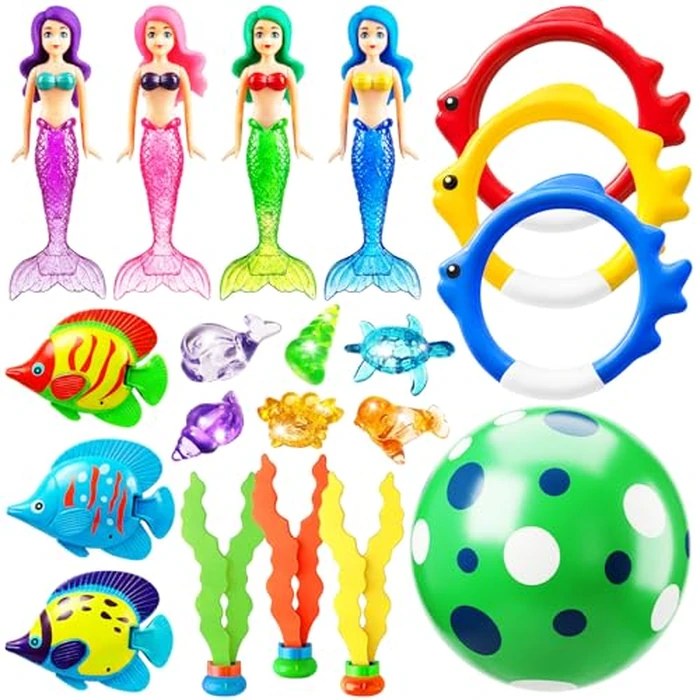 Jasonwell Pool Diving Toys Games - 20PCS Swimming Mermaid Pool Toys with Dive Rings Gems Beach Ball Underwater Treasures Seaweeds Fish Swim Toy etc Bath Water Toy Training Gifts for Kids Adult by Jasonwell - Used - Like New condition - US$12.92