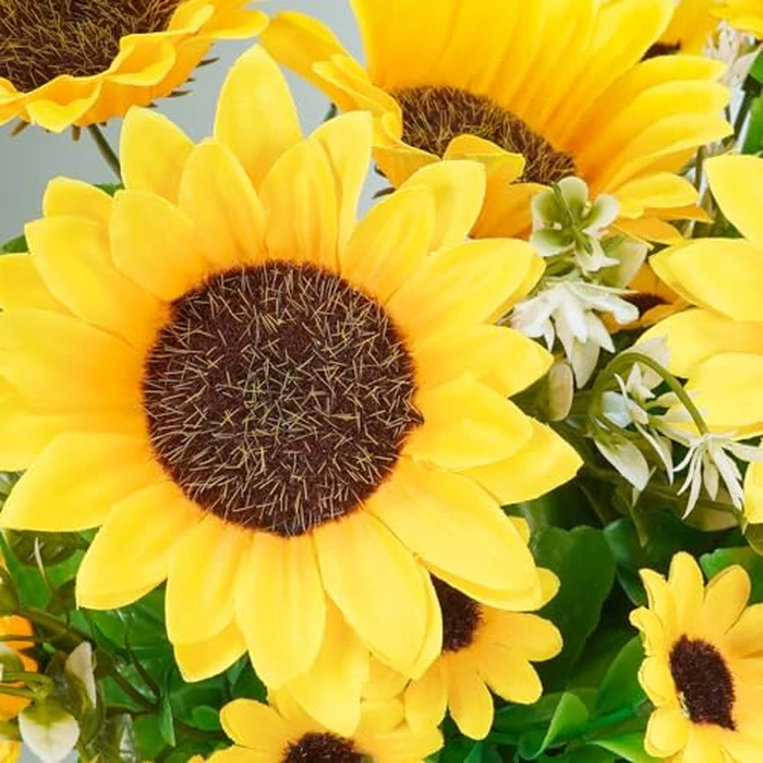 Winlyn Set of 3 Artificial Sunflowers Metal Pot Centerpiece Farmhouse Sunflowers Floral Arrangements with Rectangle Wooden Planter 11" for Rustic Wedding Spring Summer Home Kitchen Table Shelf Décor by Winlyn - Image 2