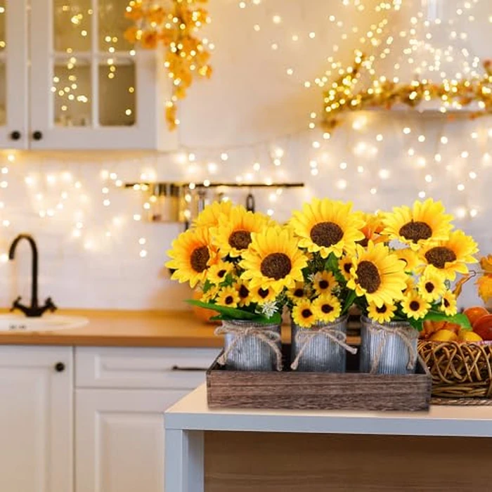 Winlyn Set of 3 Artificial Sunflowers Metal Pot Centerpiece Farmhouse Sunflowers Floral Arrangements with Rectangle Wooden Planter 11" for Rustic Wedding Spring Summer Home Kitchen Table Shelf Décor by Winlyn - Image 8