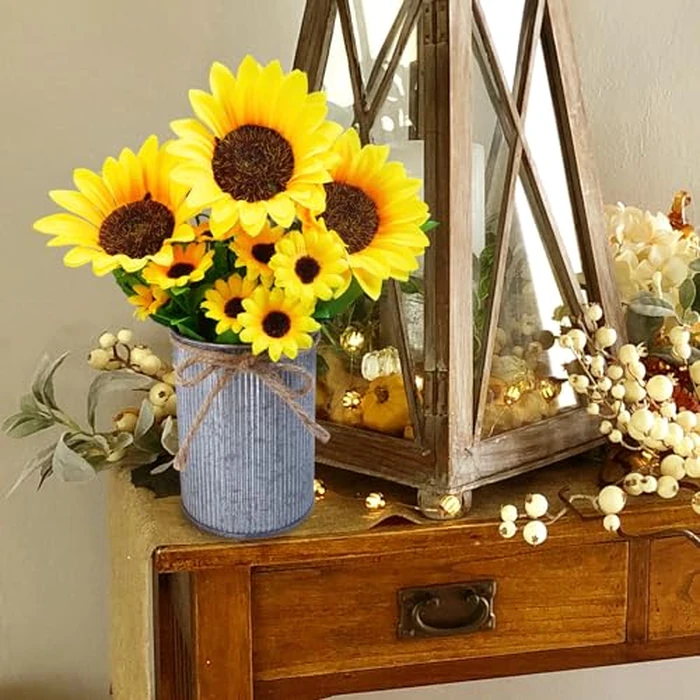 Winlyn Set of 3 Artificial Sunflowers Metal Pot Centerpiece Farmhouse Sunflowers Floral Arrangements with Rectangle Wooden Planter 11" for Rustic Wedding Spring Summer Home Kitchen Table Shelf Décor by Winlyn - Image 9
