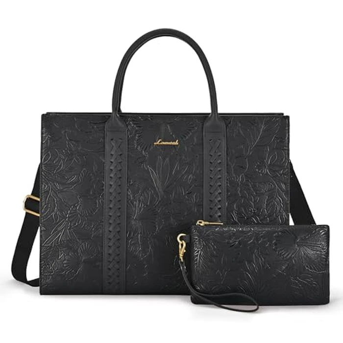 LOVEVOOK Laptop Bag for Women, Vintage Leather Work Bags, Professional Computer Bag Laptop Tote Bag Fit 15.6 Inch Laptop, Business Handbag Office Briefcase Large Shoulder Purse, Black Embroidery by LOVEVOOK - Used - Like New condition - US$31.83