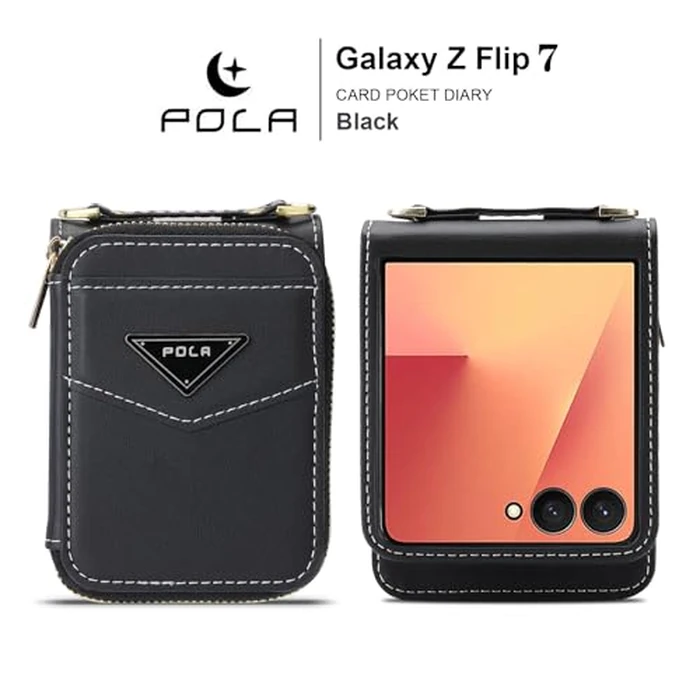 AJDJTEN Crossbody Case for Samsung Galaxy Z Flip 7, Wallet Phone Case with Card Slot Holder Kickstand Adjustable Lanyard for Women Girls, PU Leather Zipper Purse Cover Black by AJDJTEN - Image 2