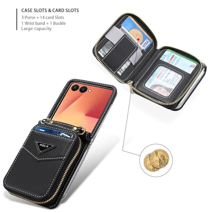 AJDJTEN Crossbody Case for Samsung Galaxy Z Flip 7, Wallet Phone Case with Card Slot Holder Kickstand Adjustable Lanyard for Women Girls, PU Leather Zipper Purse Cover Black by AJDJTEN - Image 3