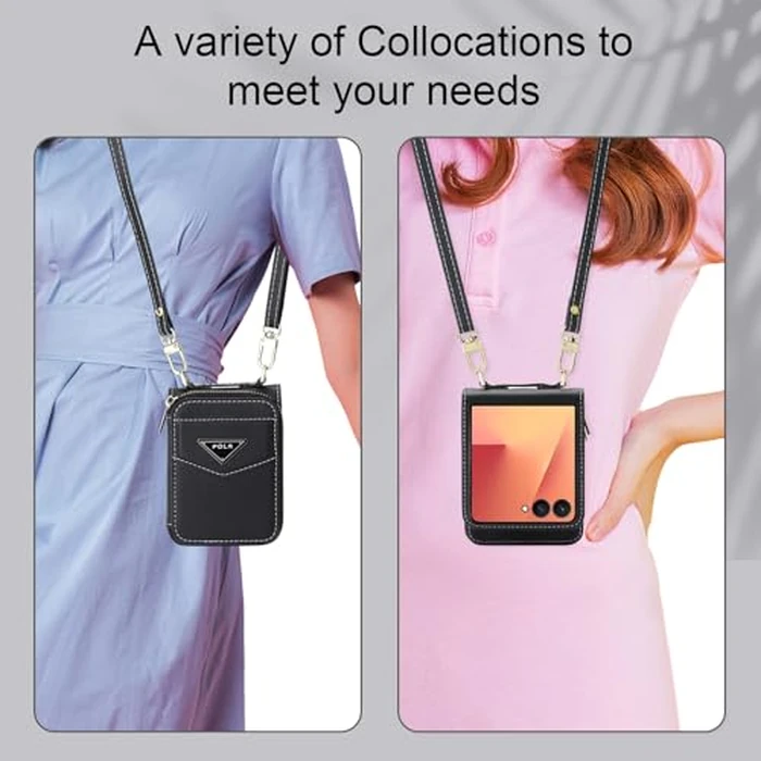 AJDJTEN Crossbody Case for Samsung Galaxy Z Flip 7, Wallet Phone Case with Card Slot Holder Kickstand Adjustable Lanyard for Women Girls, PU Leather Zipper Purse Cover Black by AJDJTEN - Image 5