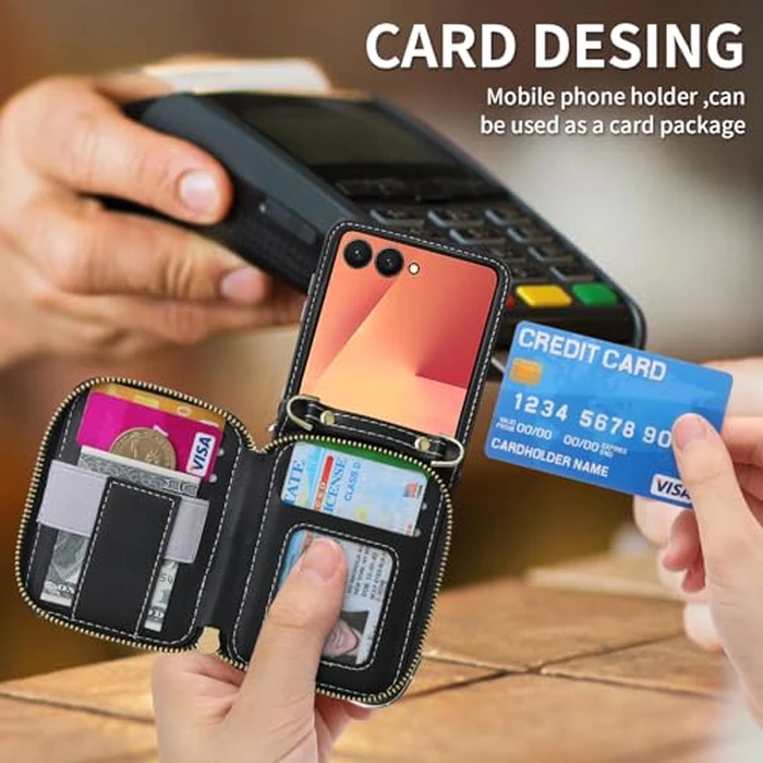 AJDJTEN Crossbody Case for Samsung Galaxy Z Flip 7, Wallet Phone Case with Card Slot Holder Kickstand Adjustable Lanyard for Women Girls, PU Leather Zipper Purse Cover Black by AJDJTEN - Image 6