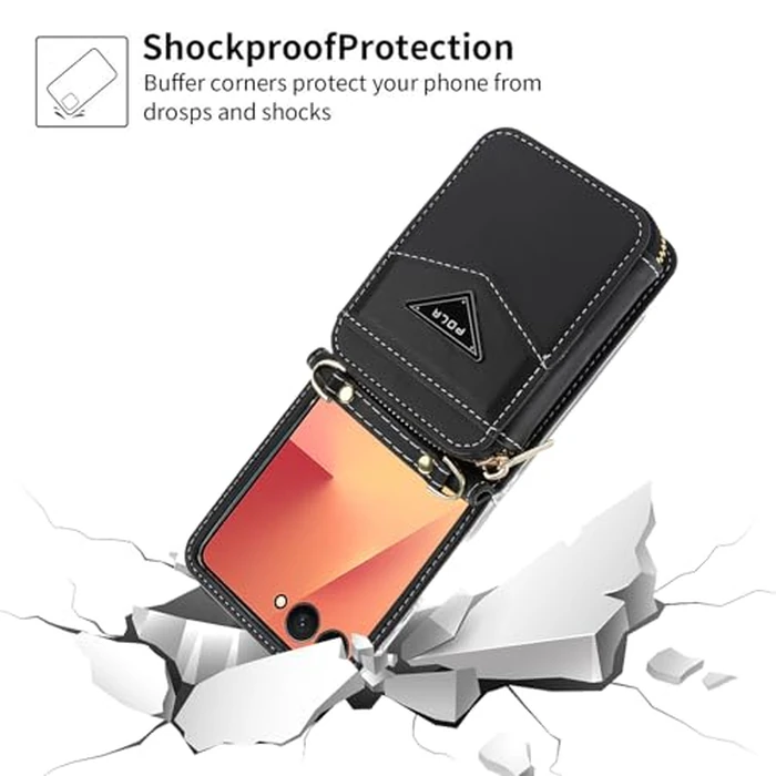 AJDJTEN Crossbody Case for Samsung Galaxy Z Flip 7, Wallet Phone Case with Card Slot Holder Kickstand Adjustable Lanyard for Women Girls, PU Leather Zipper Purse Cover Black by AJDJTEN - Image 7