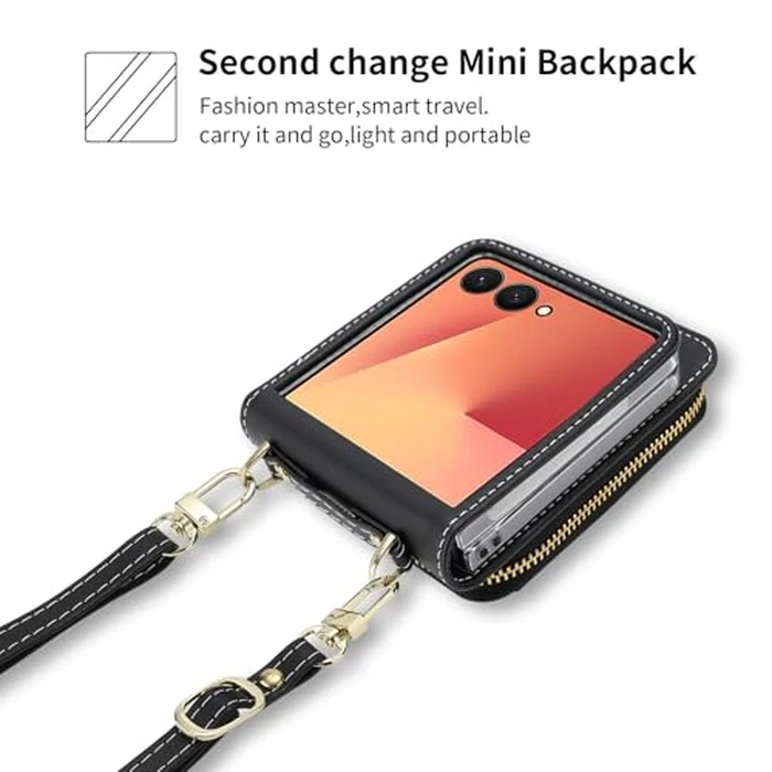 AJDJTEN Crossbody Case for Samsung Galaxy Z Flip 7, Wallet Phone Case with Card Slot Holder Kickstand Adjustable Lanyard for Women Girls, PU Leather Zipper Purse Cover Black by AJDJTEN - Image 8