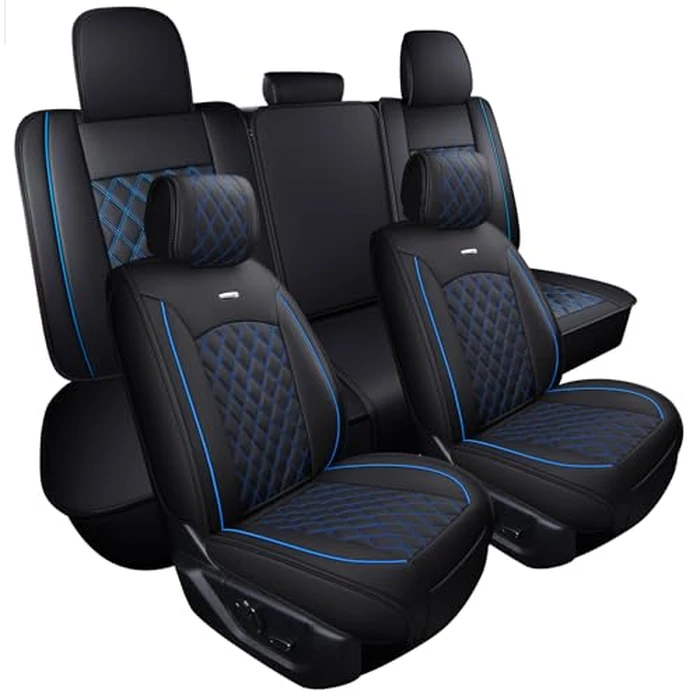 Aierxuan Truck Seat Covers for Ford F-150 2009-2026 XL XLT Lariat King Ranch Platinum Limited Raptor Custom Fit 2017-2026 F250 F350 F450 Supercrew Cab Pickup Leather Protectors (Full Set, Black-Blue) by Aierxuan - Used - Acceptable condition - CA$100.92