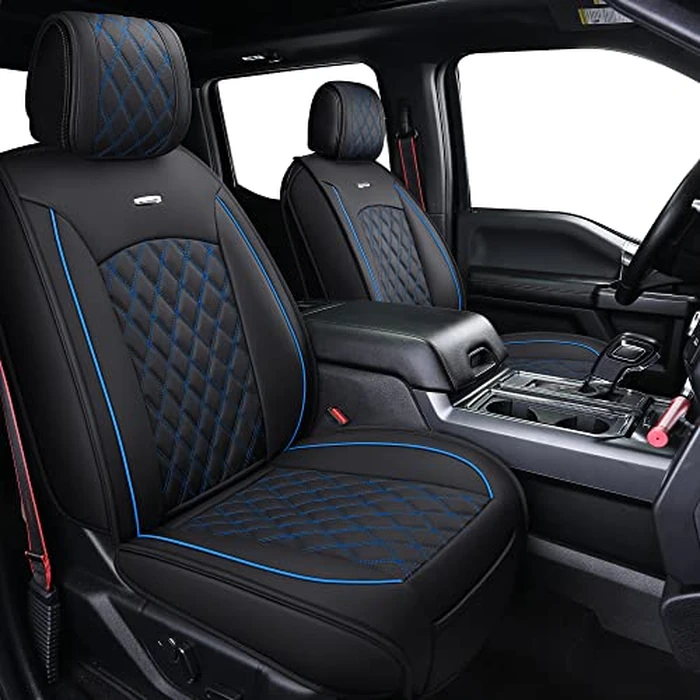 Aierxuan Truck Seat Covers for Ford F-150 2009-2026 XL XLT Lariat King Ranch Platinum Limited Raptor Custom Fit 2017-2026 F250 F350 F450 Supercrew Cab Pickup Leather Protectors (Full Set, Black-Blue) by Aierxuan - Image 2