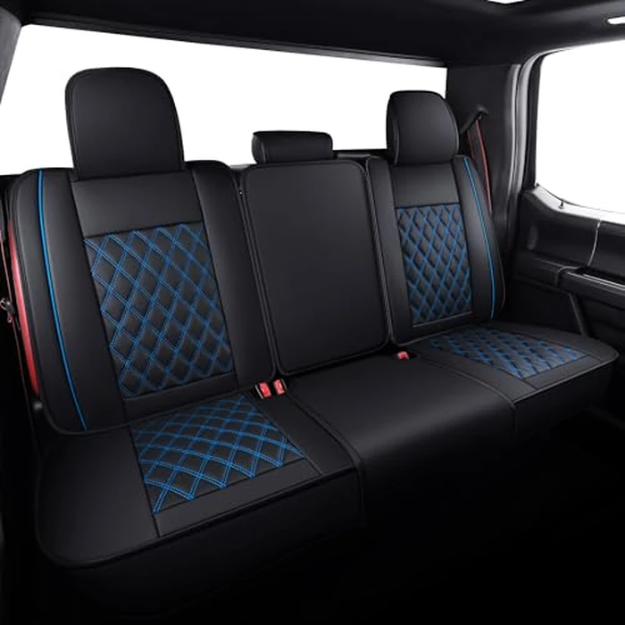 Aierxuan Truck Seat Covers for Ford F-150 2009-2026 XL XLT Lariat King Ranch Platinum Limited Raptor Custom Fit 2017-2026 F250 F350 F450 Supercrew Cab Pickup Leather Protectors (Full Set, Black-Blue) by Aierxuan - Image 3