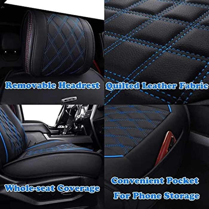 Aierxuan Truck Seat Covers for Ford F-150 2009-2026 XL XLT Lariat King Ranch Platinum Limited Raptor Custom Fit 2017-2026 F250 F350 F450 Supercrew Cab Pickup Leather Protectors (Full Set, Black-Blue) by Aierxuan - Image 7