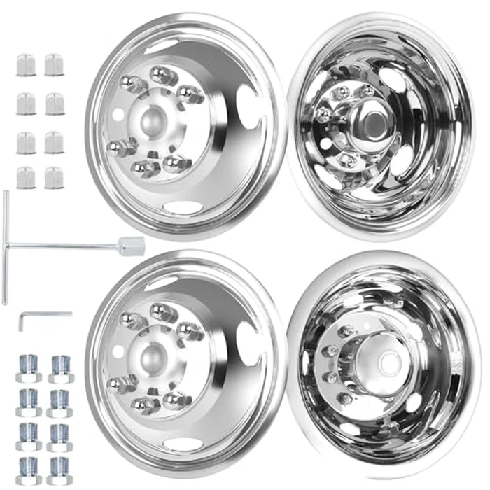 hightall 16 Wheel Simulators, 16" 8 Lug Stainless Steel RV Hubcaps,Polished Surface,2Pcs Front Wheel/2Pcs Rear Wheel,Bolts On Wheel Cover Set Compatible with Ford 2008-2025 E-350/E450 Dual Rear Wheel by hightall - Used - Like New condition - US$208.99