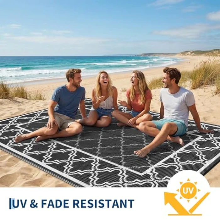 LUXLOOM Waterproof Plastic Straw Rug 9x12 Reversible Outdoor Rug, Weather Resistant Outside Carpet, Portable RV Camping Mat Modern Bordered Rugs for Patio Porch Garden Yard, Black and White by LUXLOOM - Image 3