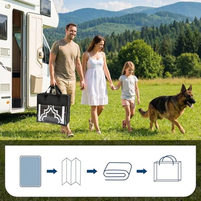 LUXLOOM Waterproof Plastic Straw Rug 9x12 Reversible Outdoor Rug, Weather Resistant Outside Carpet, Portable RV Camping Mat Modern Bordered Rugs for Patio Porch Garden Yard, Black and White by LUXLOOM - Image 5
