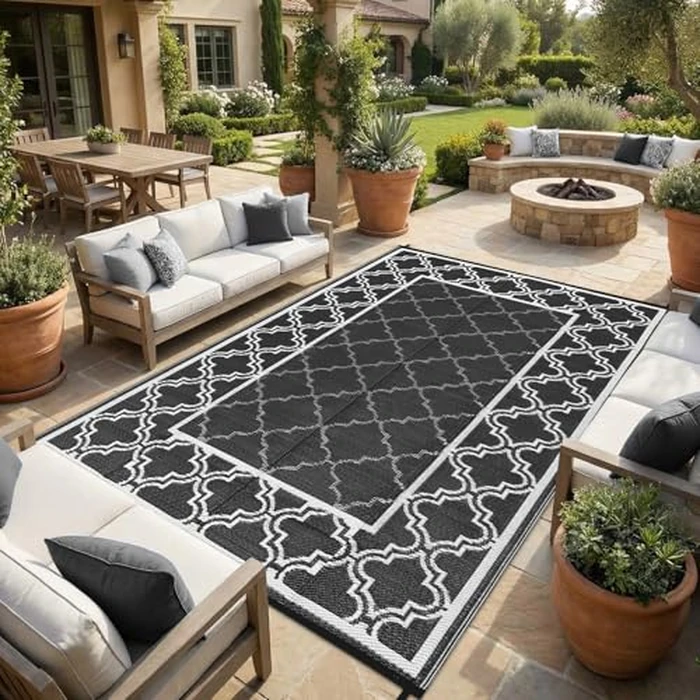 LUXLOOM Waterproof Plastic Straw Rug 9x12 Reversible Outdoor Rug, Weather Resistant Outside Carpet, Portable RV Camping Mat Modern Bordered Rugs for Patio Porch Garden Yard, Black and White by LUXLOOM - Image 6