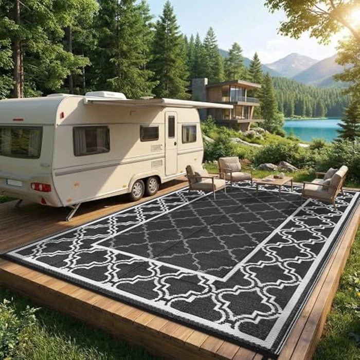 LUXLOOM Waterproof Plastic Straw Rug 9x12 Reversible Outdoor Rug, Weather Resistant Outside Carpet, Portable RV Camping Mat Modern Bordered Rugs for Patio Porch Garden Yard, Black and White by LUXLOOM - Image 7